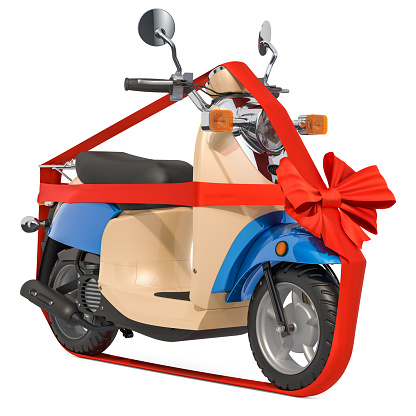 Classic Scooter or Electric Moped with ribbon and bow, gift concept. 3D rendering isolated on white background