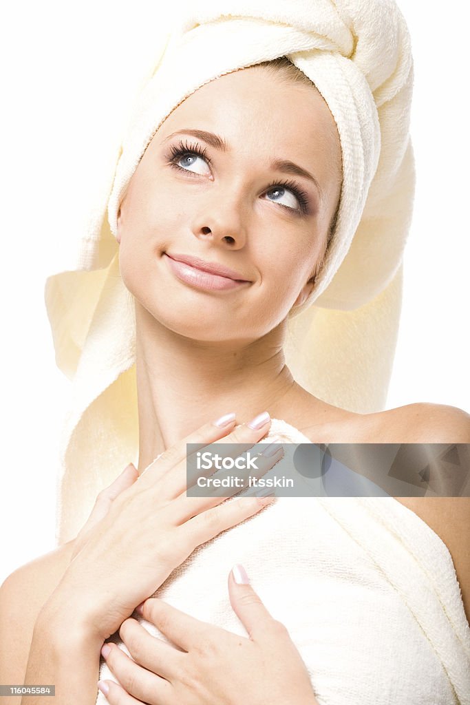 After bath Young girl after bath with towel on her head. Women Stock Photo