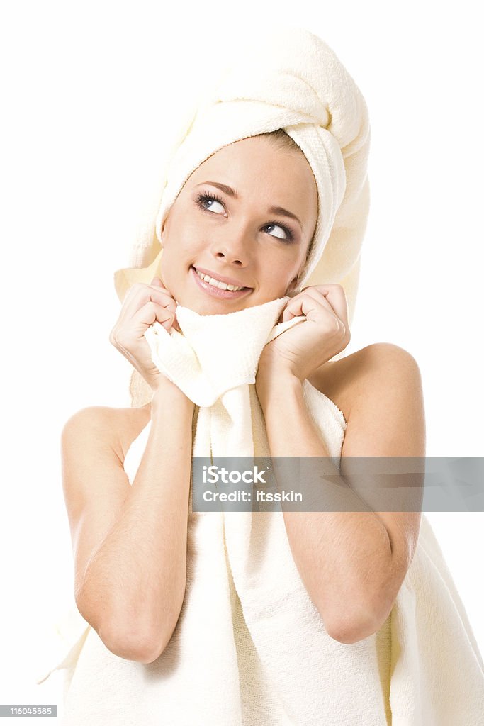 After bath Young girl after bath with towel on her head. Adult Stock Photo