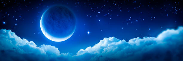 明るい輝く三日月 - 夜空 月 幻想 ストックフォトと画像