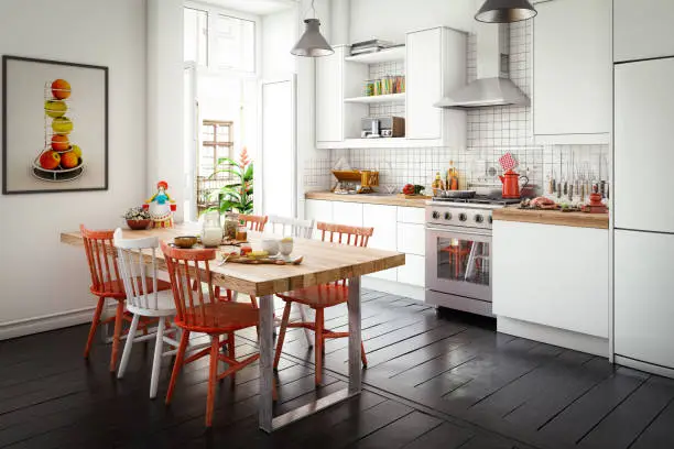 Digitally generated affordable Scandinavian style domestic kitchen interior with a dining table, kitchen counter and lots of props.

The scene was rendered with photorealistic shaders and lighting in Autodesk® 3ds Max 2016 with V-Ray 3.6 with some post-production added.