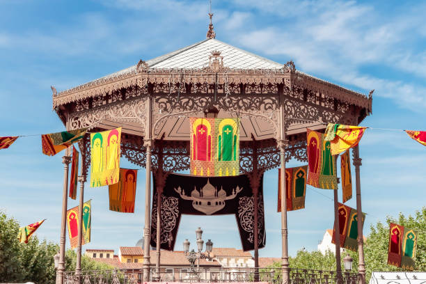bandstand decorated with some arab style banners horizontal view of a bandstand decorated with some arab style banners in cervantes square of alcala de henares alcala de henares stock pictures, royalty-free photos & images