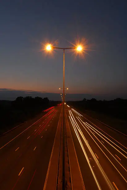 Looking north along the M5 motorway, Worcestershire, England, at dusk - long exposure.