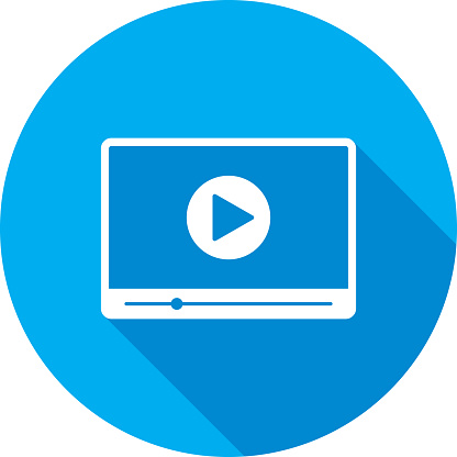 Vector illustration of a blue video player icon in flat style.