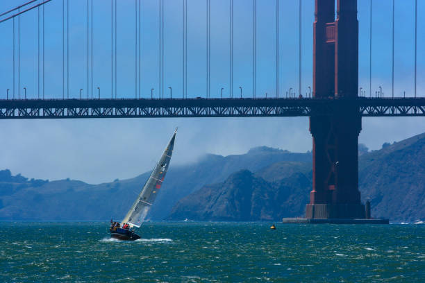 Beautiful seascape of San Francisco bay with white sailboats against Golden Gate Bridge, USA