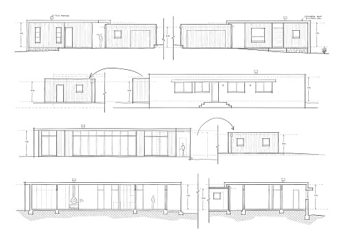 Elevations of designer home sketched for client presentation. Lines are hand drafted with a stylus pen in Illustrator. Unique and modern home design.