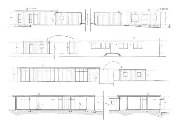 Architectural Concept Draft Plan Elevation Sketches Elevations of designer home sketched for client presentation. Lines are hand drafted with a stylus pen in Illustrator. Unique and modern home design. roof cladding stock illustrations