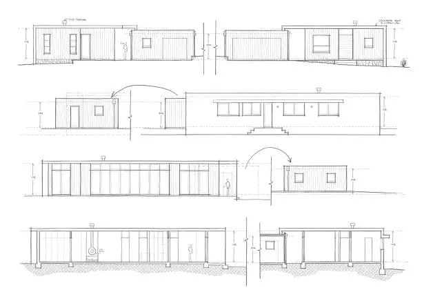 Vector illustration of Architectural Concept Draft Plan Elevation Sketches