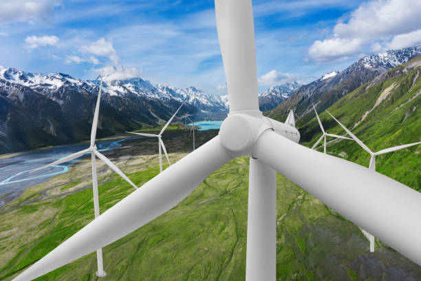 wind turbine farm in beautiful nature landscape. - climate wind engine wind turbine imagens e fotografias de stock