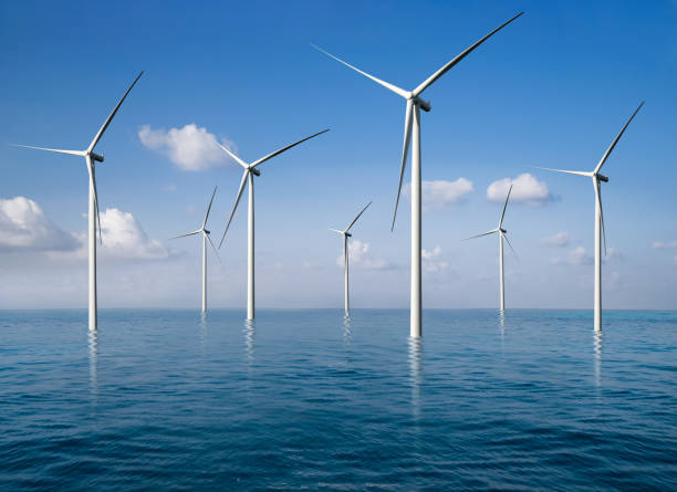 Wind turbine farm in beautiful nature landscape. Wind turbine farm power generator in beautiful nature landscape for production of renewable green energy is friendly industry to environment. Concept of sustainable development technology. offshore platform stock pictures, royalty-free photos & images