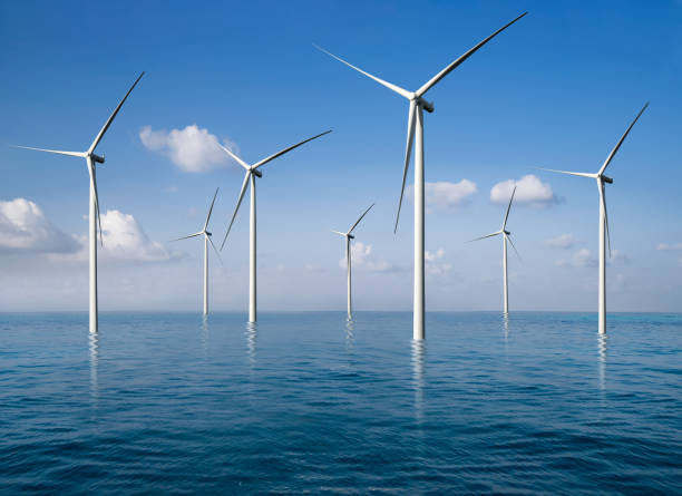 farma turbin wiatrowych w pięknym krajobrazie przyrody. - sea wind turbine turbine wind zdjęcia i obrazy z banku zdjęć
