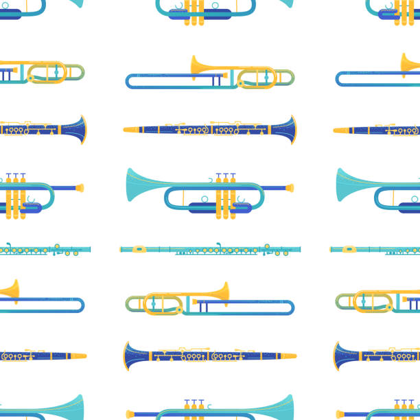 illustrations, cliparts, dessins animés et icônes de les instruments de laiton et de bois de vent vectorent le modèle sans soudure - trumpet bugle cornet cartoon