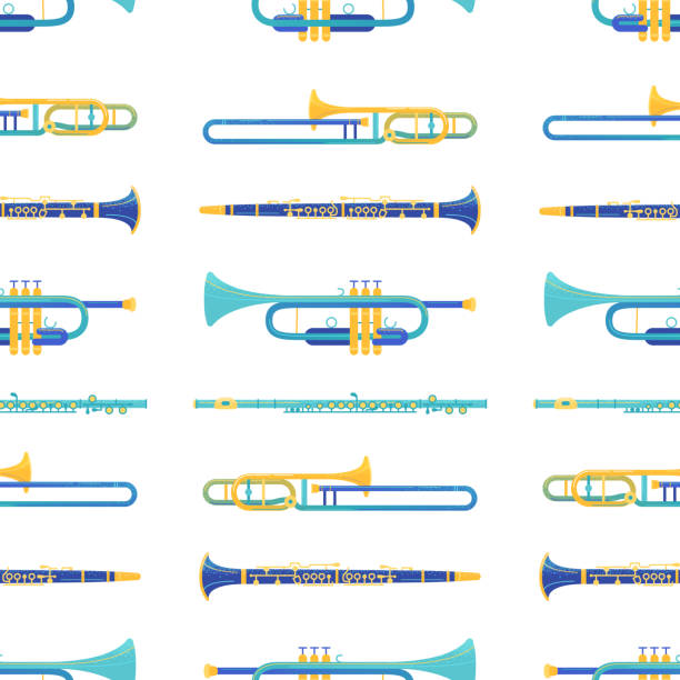 ilustrações, clipart, desenhos animados e ícones de teste padrão sem emenda do vetor dos instrumentos do bronze e do windwood - bugle trumpet jazz music