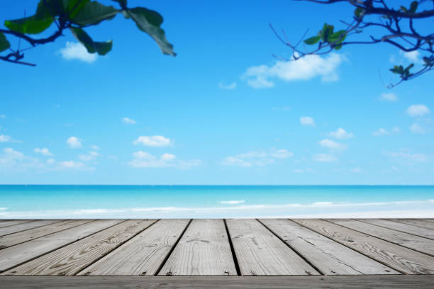 istock Empty wooden and tropical beach background with palm tree, summer. 1160495740