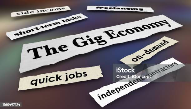 The Gig Economy Quick Jobs Independent Workers News Headlines 3d Illustration Stock Photo - Download Image Now