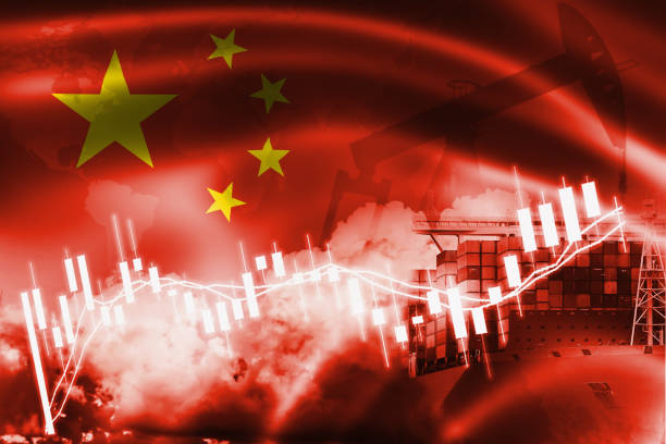 中華人民共和国フラグ、株式市場、為替経済貿易、石油生産、輸出入ビジネスと物流のコンテナ船。 - chinese production ストックフォトと画像