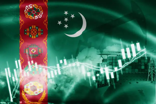 Photo of Turkmenistan flag, stock market, exchange economy and Trade, oil production, container ship in export and import business and logistics.