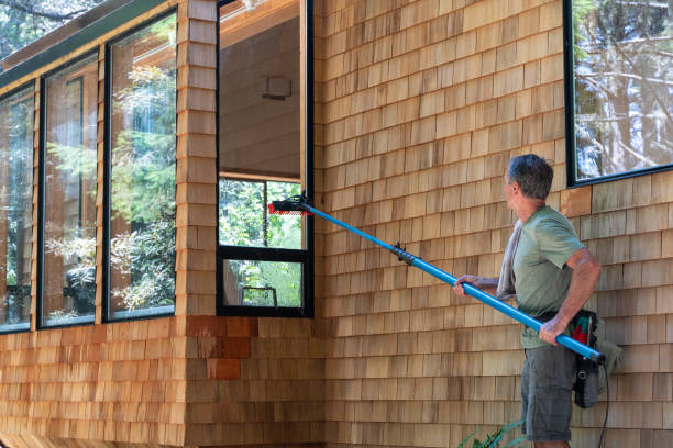 istock Man washing window with long pole and brush 1160501823