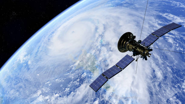 satellite over a big hurricane .elements of this image are furnished by nasa.3d illustration - hurrican imagens e fotografias de stock