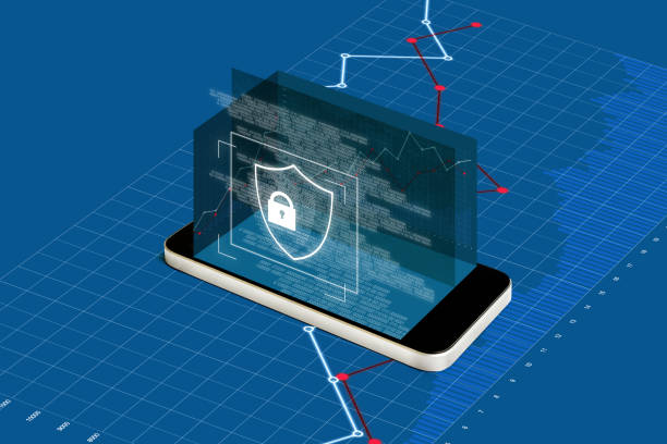 istock Mobile phone security, digital data safety and mobile banking, financial security technology. Mobile smart phone with augmented reality security lock screen and blue financial graph 1160516951