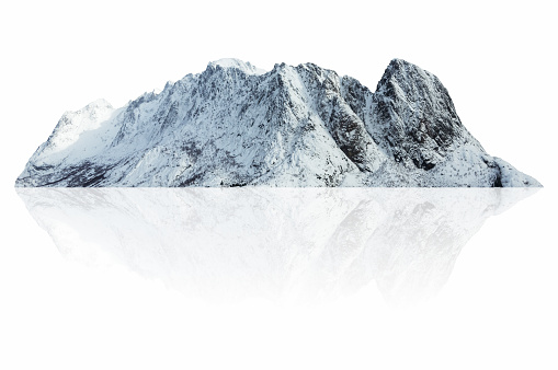 Mountain, island or hill in winter with snow isolated on white with clipping path, for photomontage.