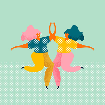 Two young women dressed in modern clothes are dancing and jumping together. Meeting of female friends. Female characters isolated on blue background. Colored vector illustration in flat style.
