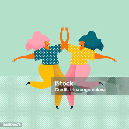 istock Two young women dressed in modern clothes are dancing and jumping together. Meeting of female friends. Female characters isolated on blue background. Colored vector illustration in flat style. 1160520678