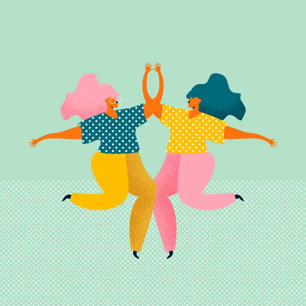 Vector illustration of Two young women dressed in modern clothes are dancing and jumping together. Meeting of female friends. Female characters isolated on blue background. Colored vector illustration in flat style.