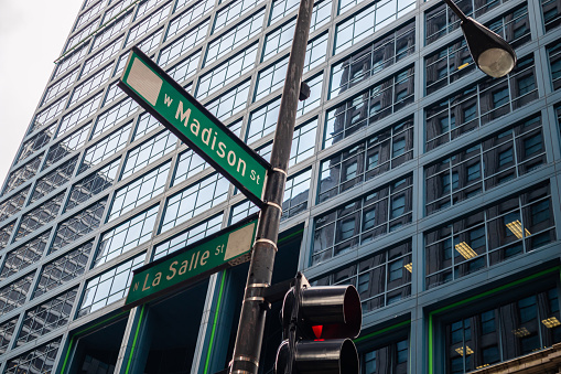 Chicago city skyscrapers, Madison and La Salle streets crossing green signs