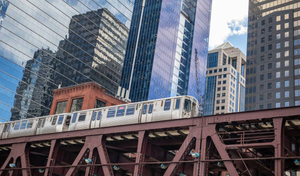 Chicago train on a bridge, skyscrapers background, low angle view