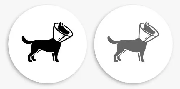 Vector illustration of Dog and Neck Cone Black and White Round Icon