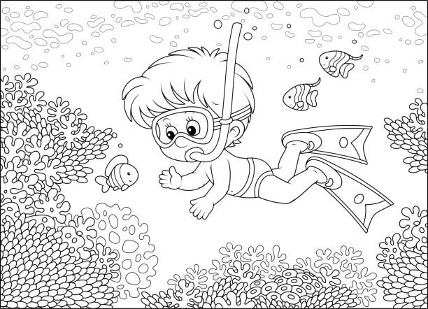 bildbanksillustrationer, clip art samt tecknat material och ikoner med lilla dykare på ett korall rev - baby swim under water