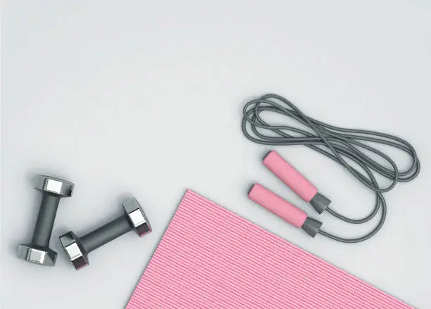 Fitness background. Pink fitness mat, dumbbells and jumping rope on the floor. 3D rendering