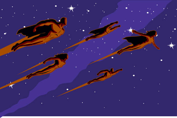 Vector Retro Flying Superhero Team at Night A retro style vector illustration of a team of superheroes flying with night sky in the background decoteau stock illustrations