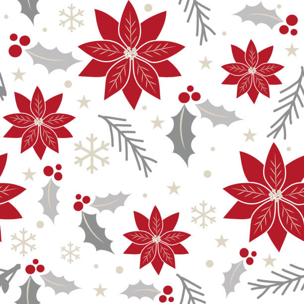 illustrazioni stock, clip art, cartoni animati e icone di tendenza di sfondo natalizio senza cuciture con design a colori rosso e argento poinsettia - poinsettia
