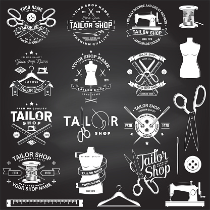 Set of tailor shop badges. Vector illustration Concept for shirt, print, stamp label or tee. Vintage typography design with sewing needle and scissors silhouette. Retro design for sewing shop business