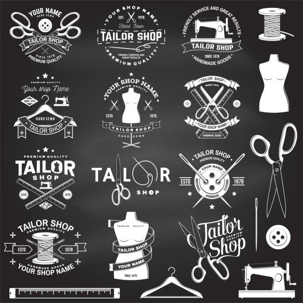 Tailor shop badge. Vector. Concept for shirt, print, stamp label or tee. Vintage typography design with sewing needle and scissors silhouette. Retro design for sewing shop business Set of tailor shop badges. Vector illustration Concept for shirt, print, stamp label or tee. Vintage typography design with sewing needle and scissors silhouette. Retro design for sewing shop business machine sewing white sewing item stock illustrations