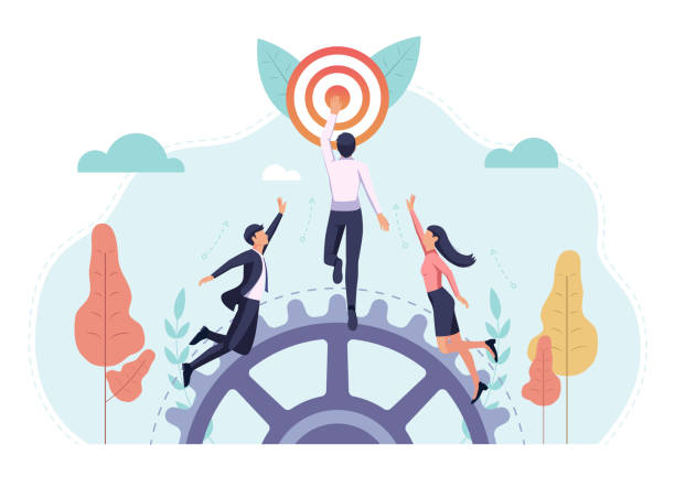 Business people race to reach the target first Business people race to reach the target first. Busienss target and competition cnocept. rewarded effort stock illustrations