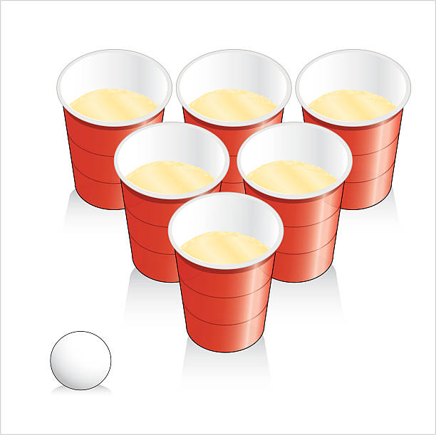 Game of beer pong Six cups in a triangle filled with alcohol. A lone ping pong ball getting ready to start a game of beer pong. beirut illustrations stock illustrations