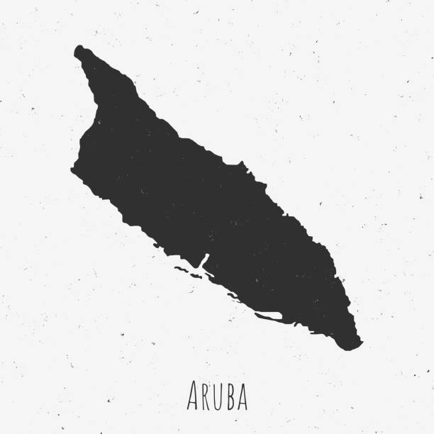 Black and white Aruba map in trendy vintage style, isolated on a dusty white background. A grunge texture is used to have a retro and worn effect. His name is written on the bottom of the image. Vector Illustration (EPS10, well layered and grouped). Easy to edit, manipulate, resize or colorize.