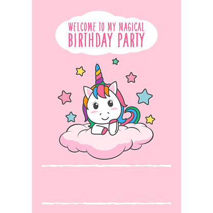 Cartoon Happy Birthday Magical Unicorn Illustration Invitation Greeting ...
