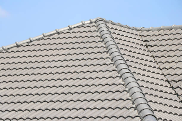 istock The roof tile with the sky background. The grey roman tile pattern. 1160534657