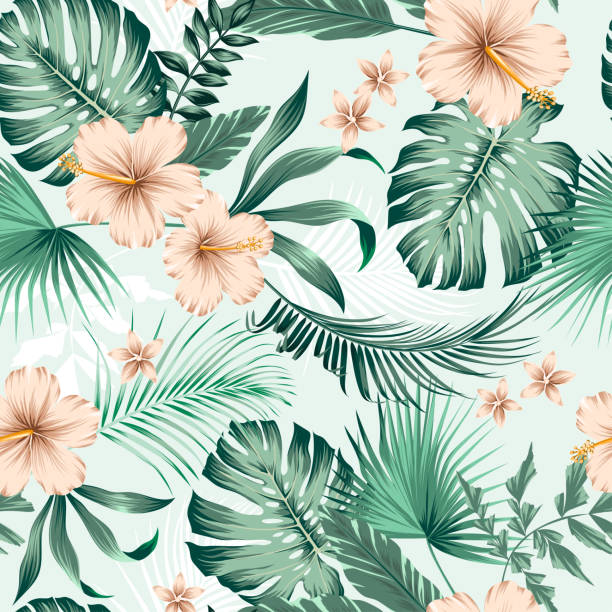 vector seamless botanical tropical pattern with flowers vector seamless botanical tropical pattern with flowers. Lush foliage floral design with monstera leaves, areca palm leaves, fan palm, hibiscus flower, frangipani flower. Modern allover background. tropical tree stock illustrations