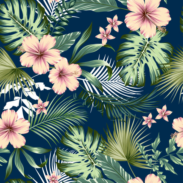 vector seamless botanical tropical pattern with flowers vector seamless botanical tropical pattern with flowers. Lush foliage floral design with monstera leaves, areca palm leaves, fan palm, hibiscus flower, frangipani flower. Modern allover background. areca palm tree stock illustrations