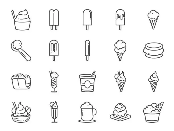 Vector illustration of Ice cream line icon set. Included icons as sweet, cool, frozen, soft cream, flavor, dairy and more.