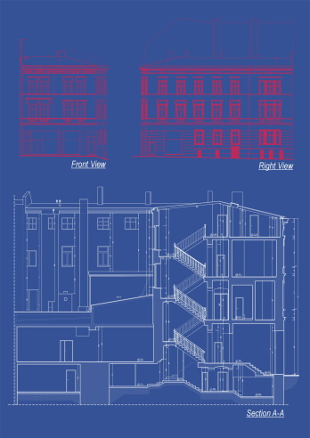 A blueprint - white & red lines on blue background