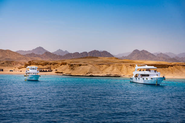touristic dive boats near ras mohammed coral reef on sinai peninsula in egypt. - sinai peninsula imagens e fotografias de stock