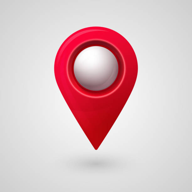 Map location pointer 3d pin with glowing glass bubble. Navigation icon for web, banner, logo or badge. Vector Illustration. Plastic map location pointer with glowing glass bubble. Navigation icon for web, banner, logo or badge. 3d style. Vector illustration. famous place stock illustrations
