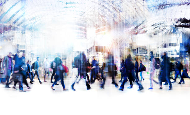 beautiful motion blur of walking people in train station. early morning rush hours, busy modern life concept. - urban scene commuter business station imagens e fotografias de stock
