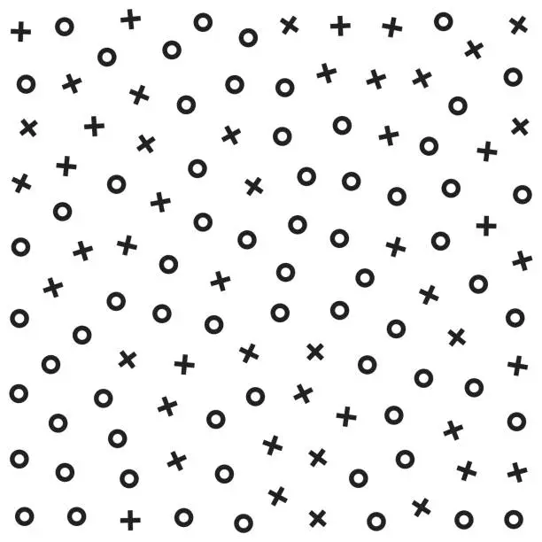 Vector illustration of Seamless vector xo pattern. Chaotic black cross and zero elements on white background.